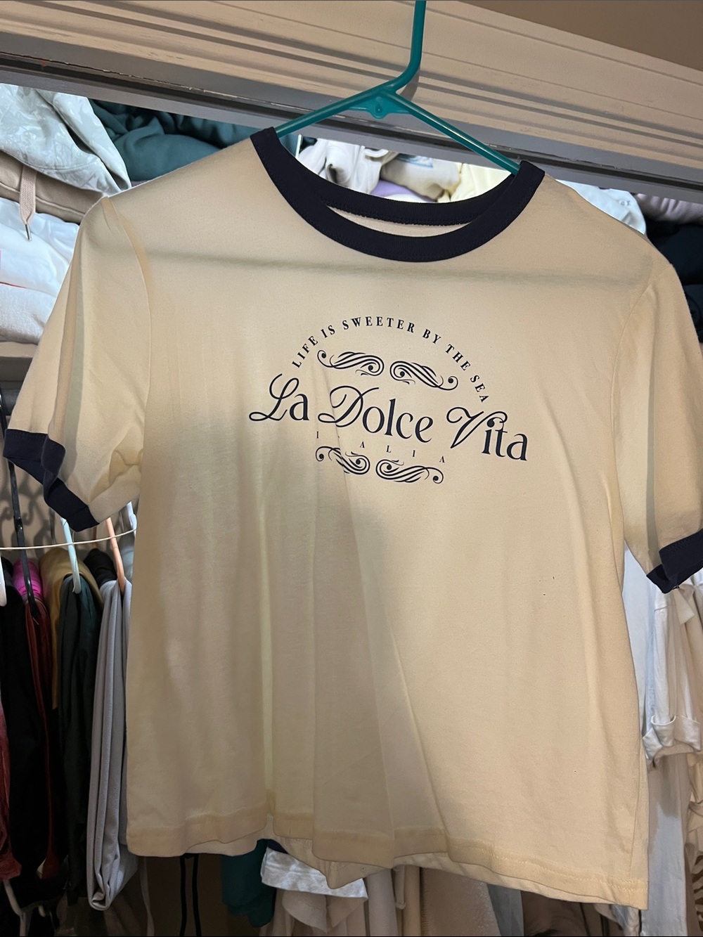 Mighty Fine La Dolce Vita Cream Ringer Tee with Navy Trim